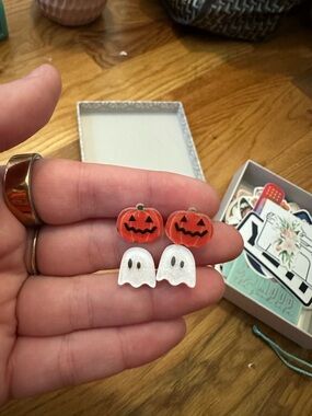 Halloween Pumpkin and Ghost Stud Earrings - Orange & White